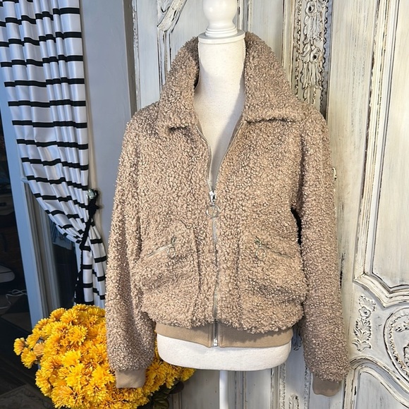 GARAGE Cozy Tan Sherpa Bomber Jacket - Picture 1 of 12
